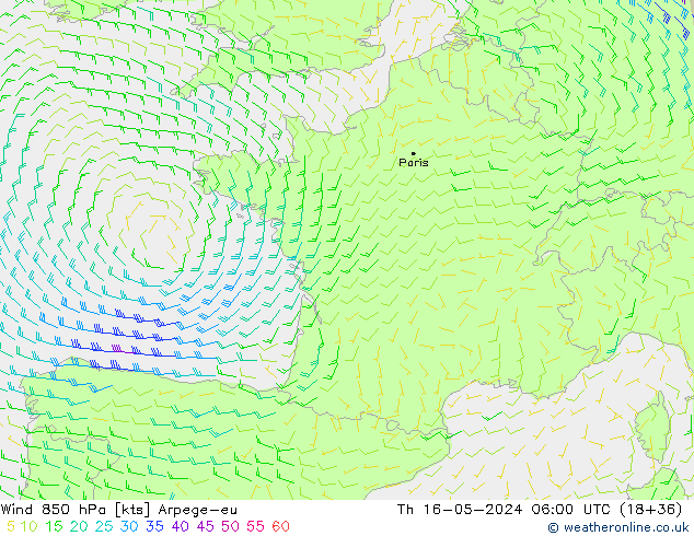Rüzgar 850 hPa Arpege-eu Per 16.05.2024 06 UTC