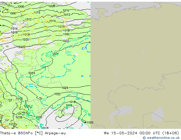 Theta-e 850hPa Arpege-eu mer 15.05.2024 00 UTC