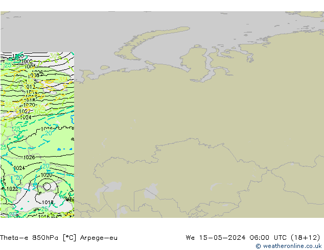 Theta-e 850hPa Arpege-eu mié 15.05.2024 06 UTC