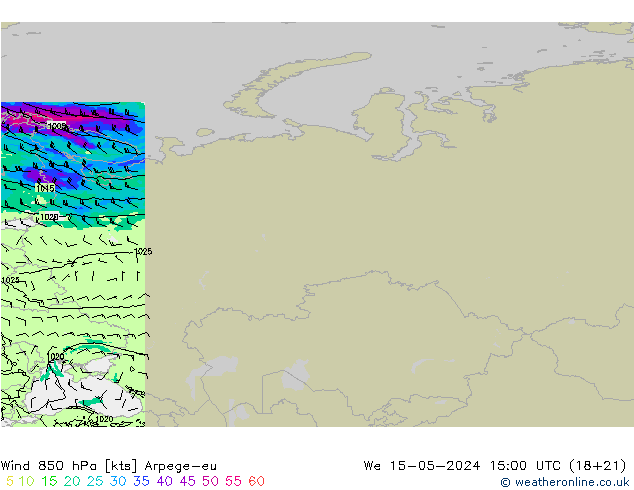 Vento 850 hPa Arpege-eu mer 15.05.2024 15 UTC