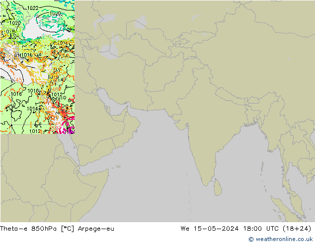 Theta-e 850hPa Arpege-eu mer 15.05.2024 18 UTC