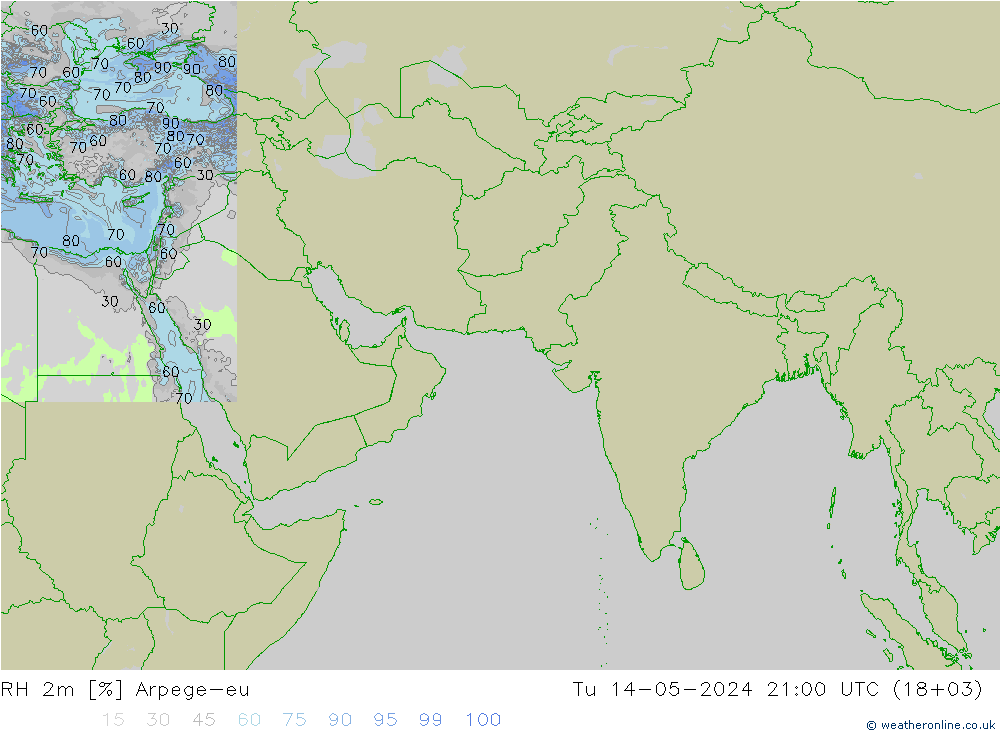RH 2m Arpege-eu 星期二 14.05.2024 21 UTC