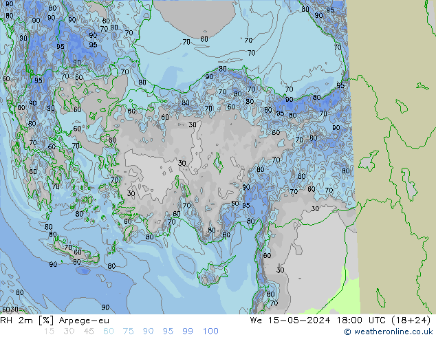 Humidité rel. 2m Arpege-eu mer 15.05.2024 18 UTC