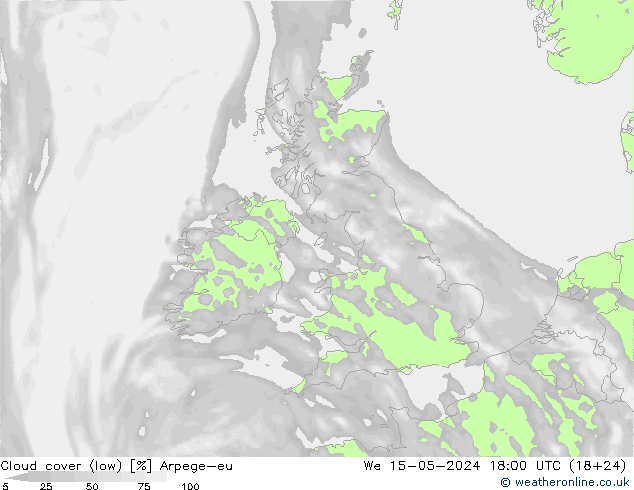 Cloud cover (low) Arpege-eu We 15.05.2024 18 UTC