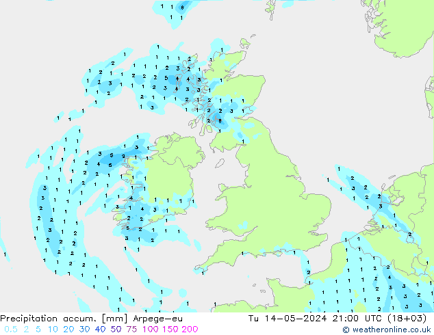 Precipitation accum. Arpege-eu Tu 14.05.2024 21 UTC