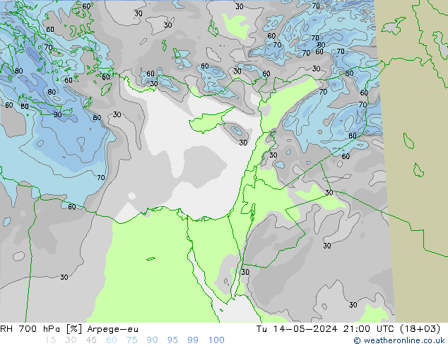 RH 700 hPa Arpege-eu Tu 14.05.2024 21 UTC