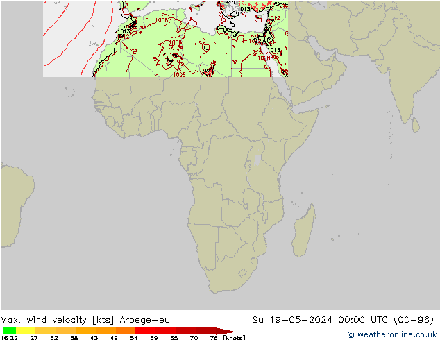 Max. wind velocity Arpege-eu nie. 19.05.2024 00 UTC