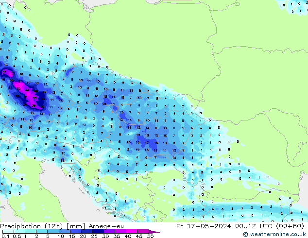 Totale neerslag (12h) Arpege-eu vr 17.05.2024 12 UTC