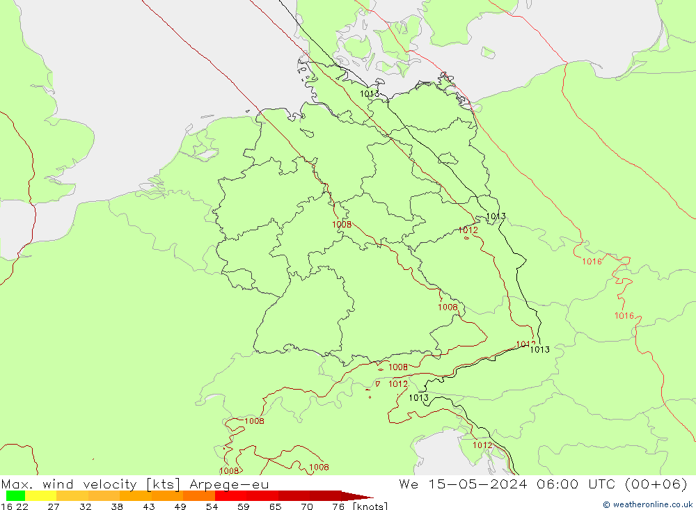 Max. wind velocity Arpege-eu śro. 15.05.2024 06 UTC