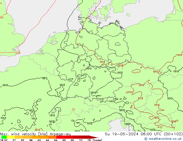 Max. wind snelheid Arpege-eu zo 19.05.2024 06 UTC