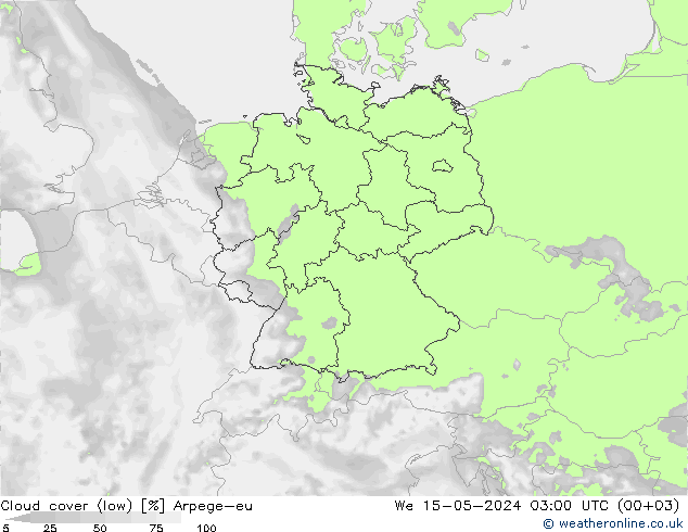Cloud cover (low) Arpege-eu We 15.05.2024 03 UTC