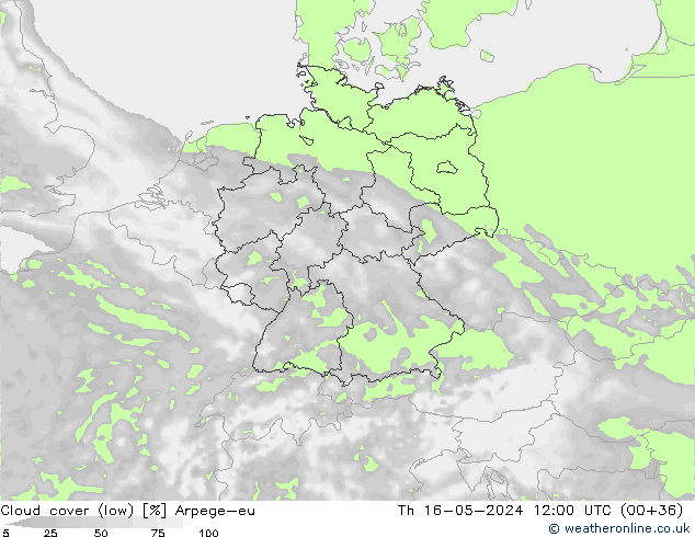 Cloud cover (low) Arpege-eu Th 16.05.2024 12 UTC