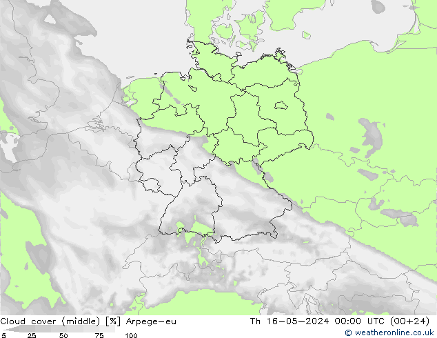 Cloud cover (middle) Arpege-eu Th 16.05.2024 00 UTC