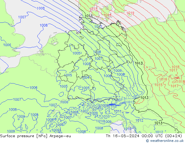 Presión superficial Arpege-eu jue 16.05.2024 00 UTC