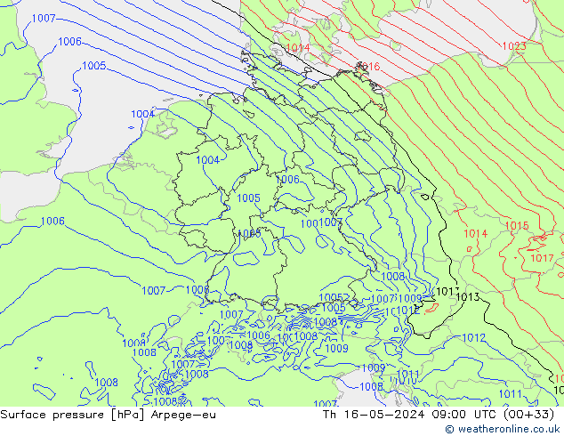 Pressione al suolo Arpege-eu gio 16.05.2024 09 UTC