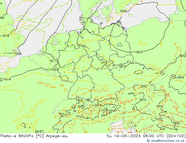 Theta-e 850hPa Arpege-eu dim 19.05.2024 06 UTC