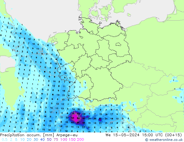 Precipitation accum. Arpege-eu  15.05.2024 15 UTC