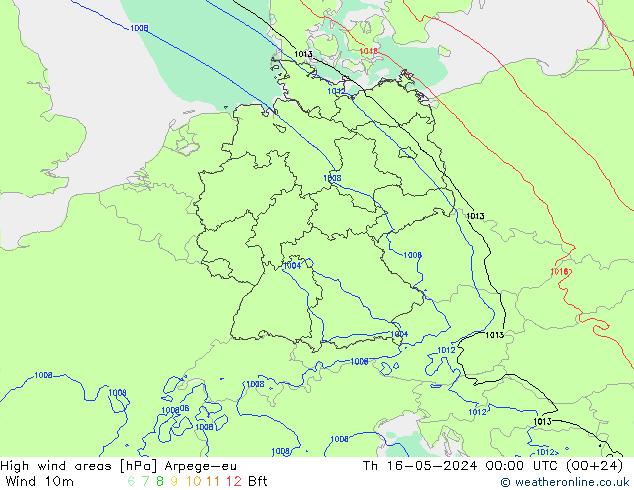 High wind areas Arpege-eu Čt 16.05.2024 00 UTC