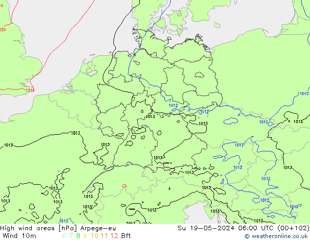 High wind areas Arpege-eu Su 19.05.2024 06 UTC