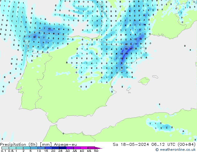 Totale neerslag (6h) Arpege-eu za 18.05.2024 12 UTC