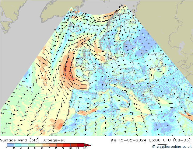 Surface wind (bft) Arpege-eu St 15.05.2024 03 UTC