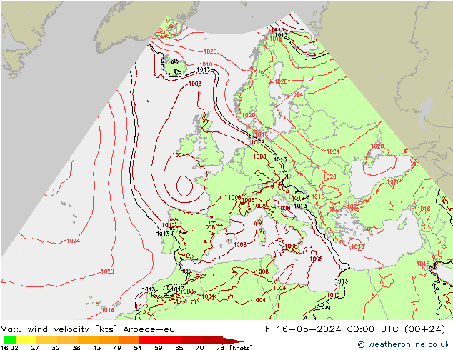 Max. wind velocity Arpege-eu  16.05.2024 00 UTC