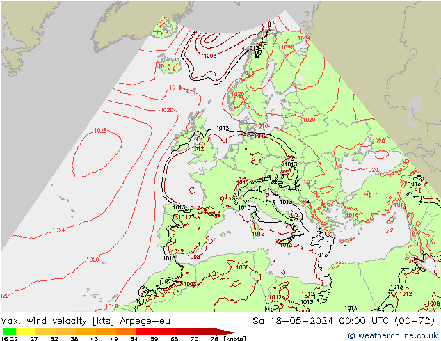 Max. wind velocity Arpege-eu Sáb 18.05.2024 00 UTC