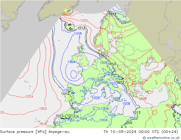 Pressione al suolo Arpege-eu gio 16.05.2024 00 UTC