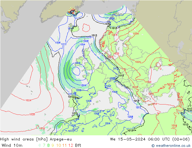 High wind areas Arpege-eu We 15.05.2024 06 UTC