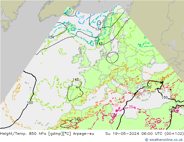 Hoogte/Temp. 850 hPa Arpege-eu zo 19.05.2024 06 UTC