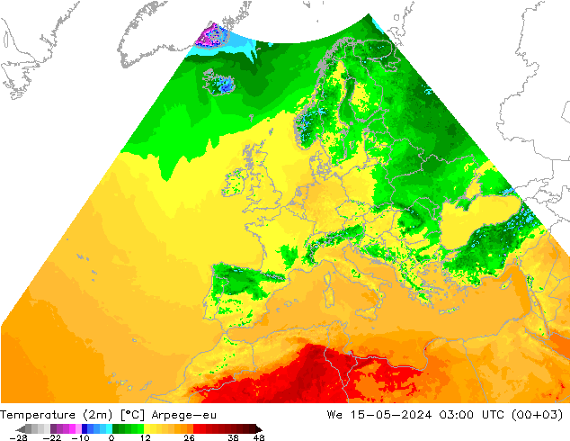 mapa temperatury (2m) Arpege-eu śro. 15.05.2024 03 UTC