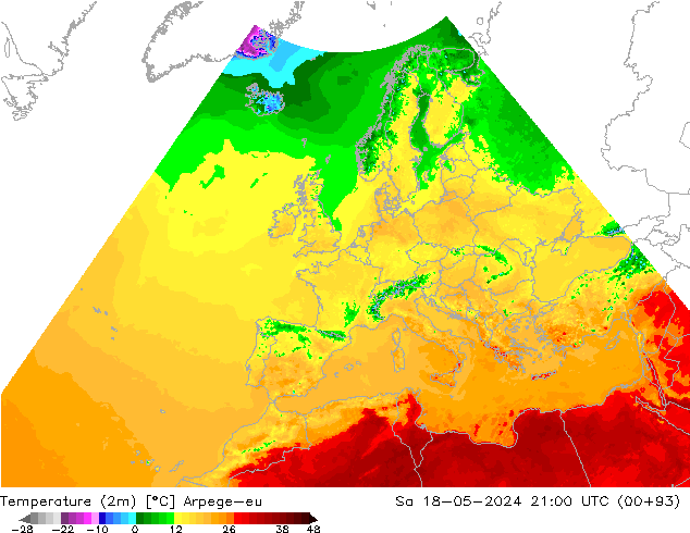 Temperatuurkaart (2m) Arpege-eu za 18.05.2024 21 UTC