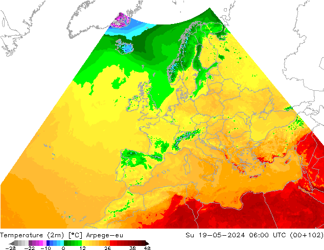 Temperatuurkaart (2m) Arpege-eu zo 19.05.2024 06 UTC