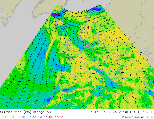 Surface wind Arpege-eu St 15.05.2024 21 UTC