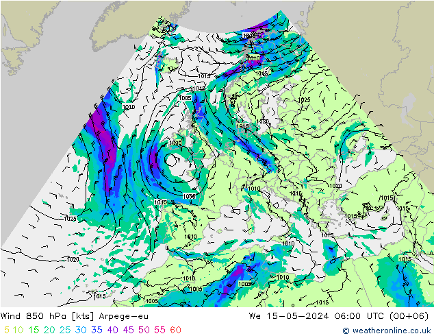 wiatr 850 hPa Arpege-eu śro. 15.05.2024 06 UTC