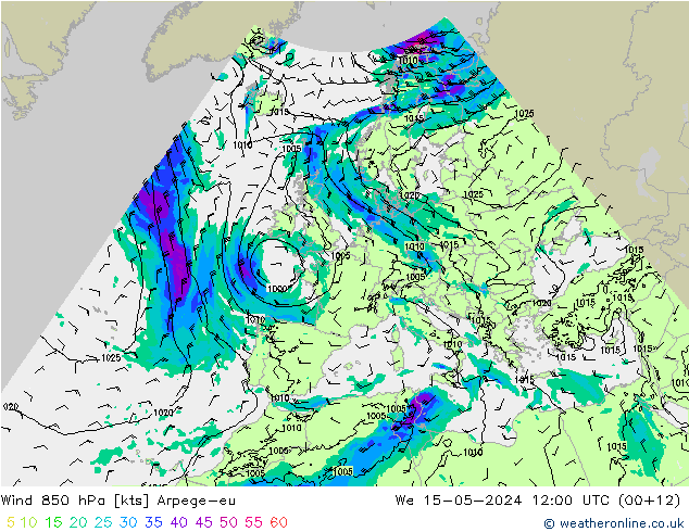 Wind 850 hPa Arpege-eu St 15.05.2024 12 UTC