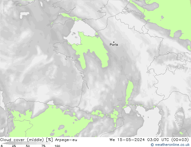 Cloud cover (middle) Arpege-eu We 15.05.2024 03 UTC