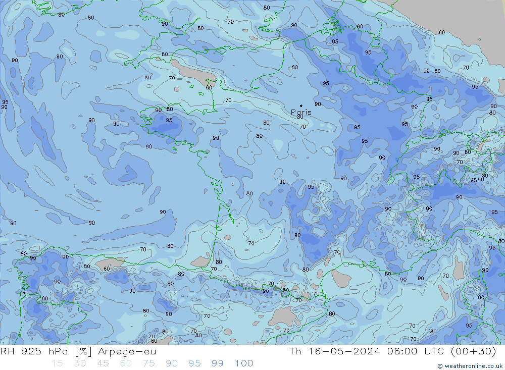 RH 925 hPa Arpege-eu Th 16.05.2024 06 UTC