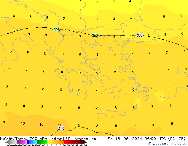 Height/Temp. 700 hPa Arpege-eu  18.05.2024 06 UTC