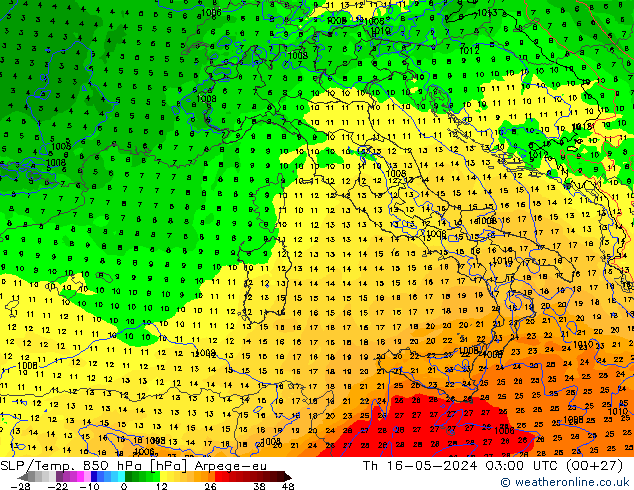 SLP/Temp. 850 hPa Arpege-eu Th 16.05.2024 03 UTC