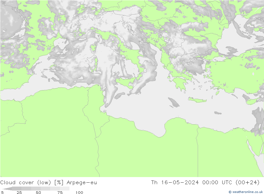 Bewolking (Laag) Arpege-eu do 16.05.2024 00 UTC