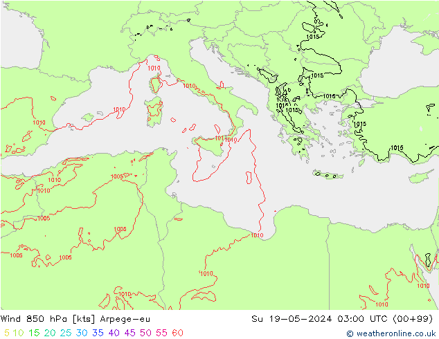 Wind 850 hPa Arpege-eu Ne 19.05.2024 03 UTC