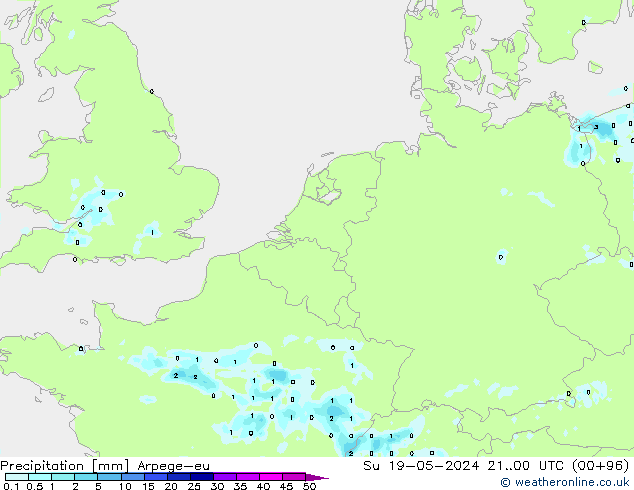 Precipitazione Arpege-eu dom 19.05.2024 00 UTC