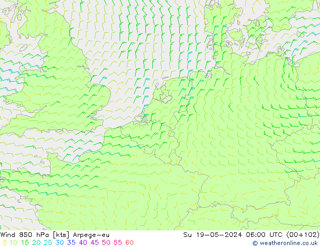 Wind 850 hPa Arpege-eu Ne 19.05.2024 06 UTC
