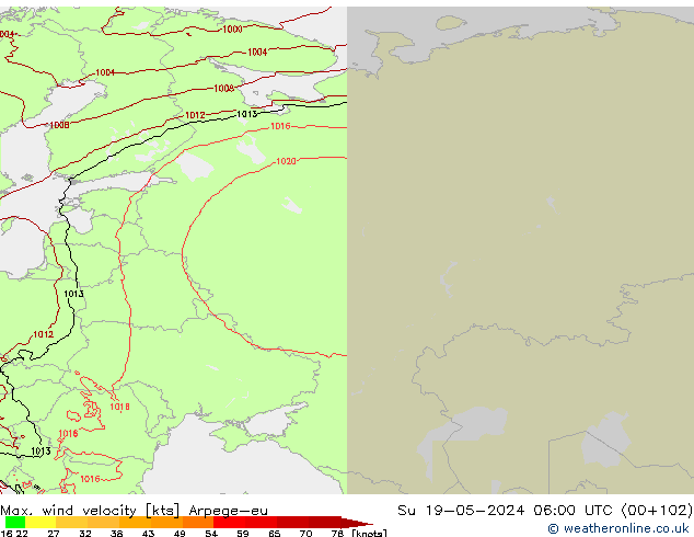 Max. wind velocity Arpege-eu Dom 19.05.2024 06 UTC