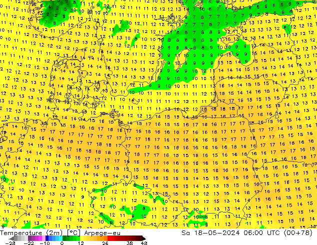 Temperaturkarte (2m) Arpege-eu Sa 18.05.2024 06 UTC
