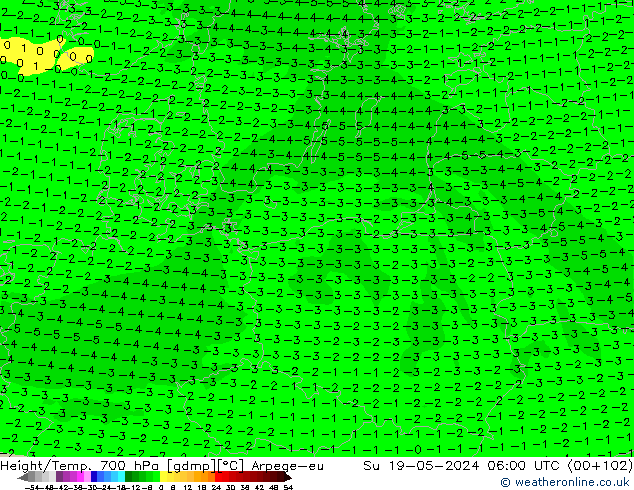 Hoogte/Temp. 700 hPa Arpege-eu zo 19.05.2024 06 UTC