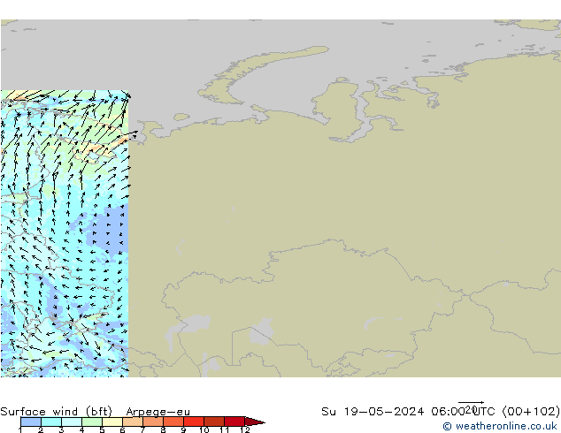 Surface wind (bft) Arpege-eu Su 19.05.2024 06 UTC