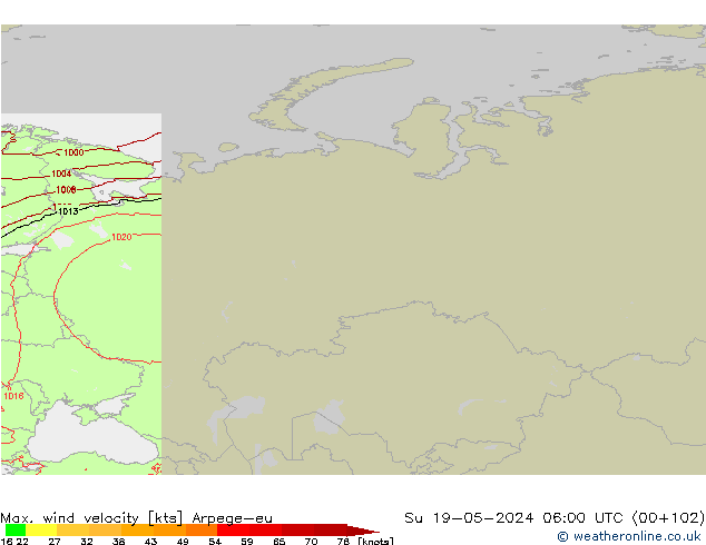 Maks. Rüzgar Hızı Arpege-eu Paz 19.05.2024 06 UTC