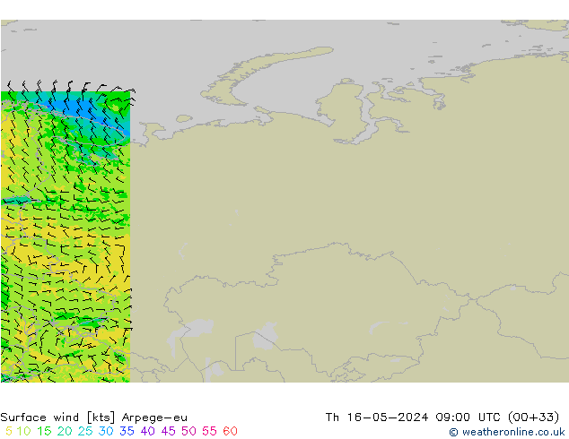 Surface wind Arpege-eu Čt 16.05.2024 09 UTC